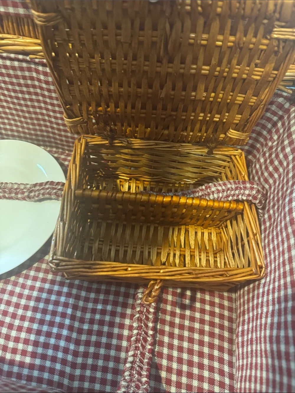 Wicker Picnic Basket Set with Red Gingham Lining